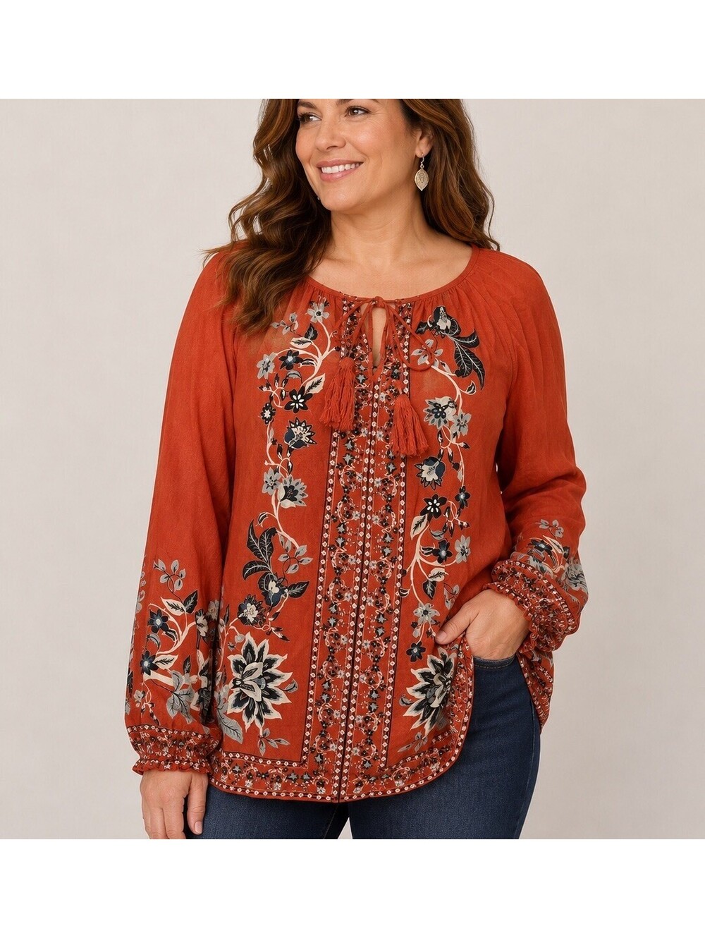 Chico’s Size 3 Orange Floral Tunic Blouse 16 18 Boho Peasant Tassel Tie Top